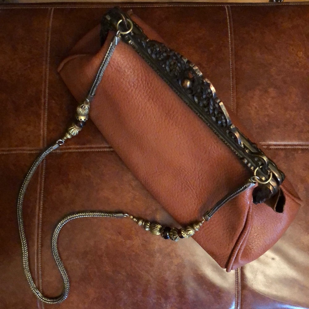 Brown Vintage Leather Purse with Beaded Handle